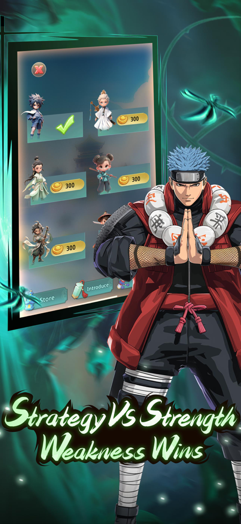 Shinobi Saga: Bloodbound - A ninja character and a character skin selection menu in the Shinobi Saga Bloodbound mobile game.