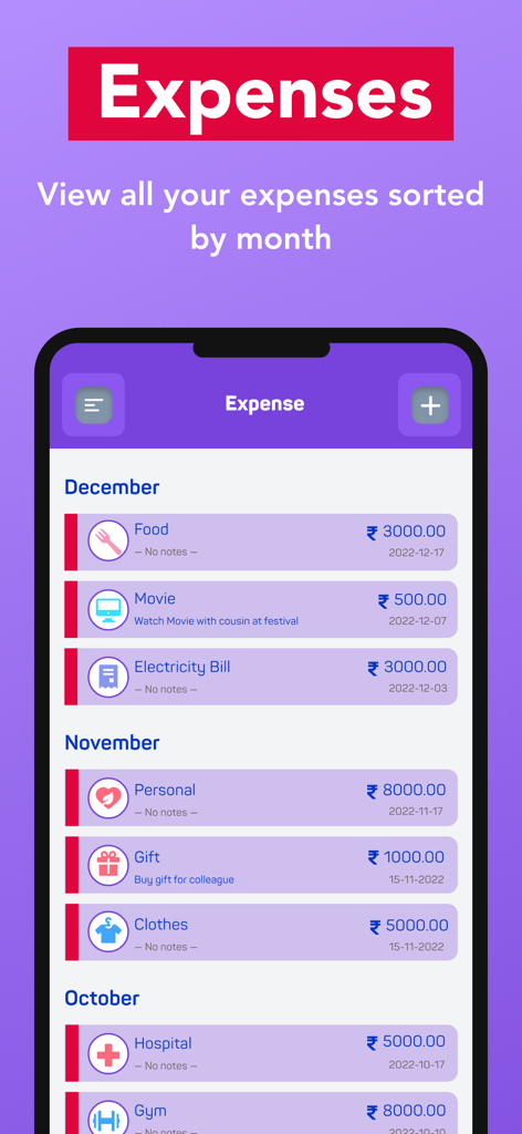 Expense Tracker:Budget Planner - Mobile app interface displaying a list of tracked expenses categorized by month with icons and price amounts