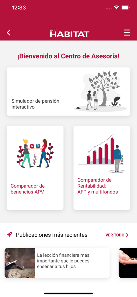 Pantalla de la aplicación AFP Habitat Chile que muestra el Centro de Asesoría con herramientas para simulación de pensión y comparación de rentabilidad de fondos.