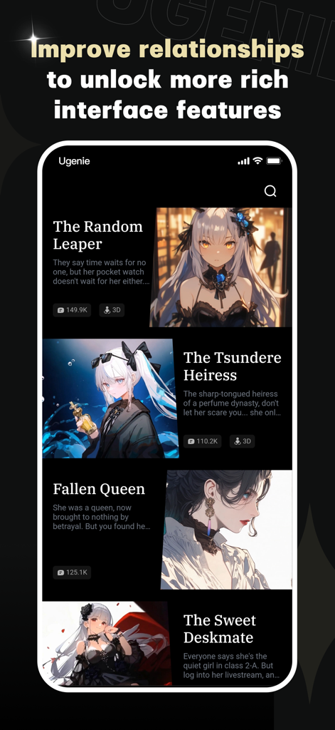 UGenie: AI Chat & Dungeon - UGenie app interface showing a list of anime-style AI characters for chat and roleplay