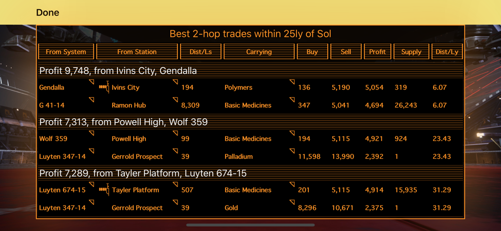 EVA - EVA app interface showing optimized two hop trade routes for Elite Dangerous players