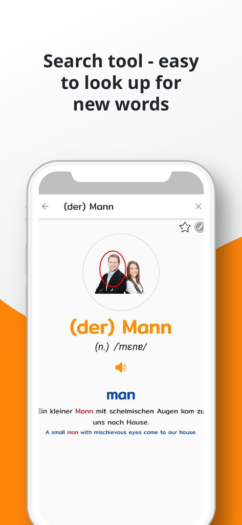 PORO - German Vocabulary - Smartphone-Bildschirm der PORO-App, der eine deutsche Wortsuche nach Mann mit visuellen Hilfsmitteln und einem Beispielsatz zeigt