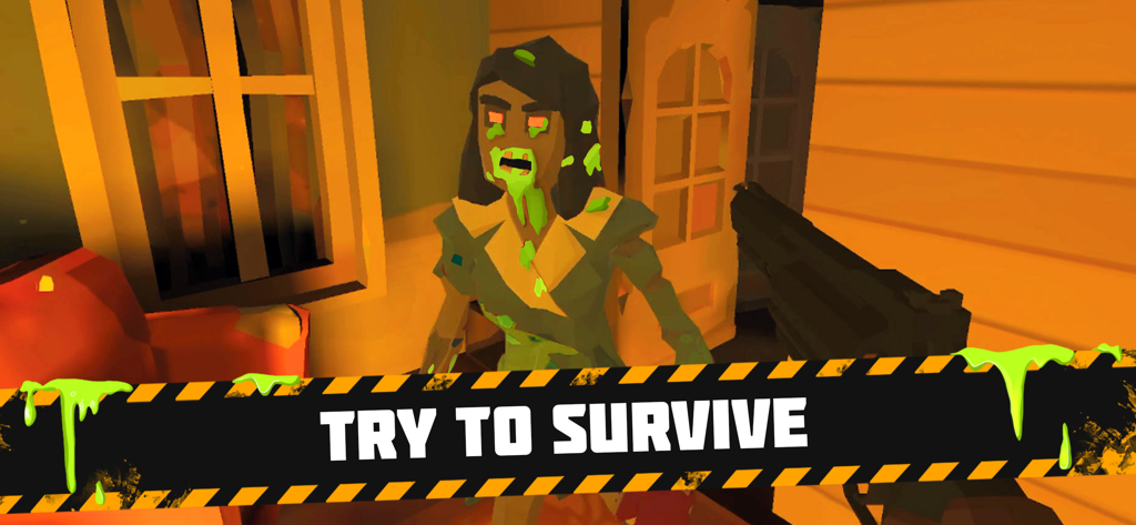 Bunker: Zombie Survival Games - First person view of a player aiming a gun at a mutated zombie in a cabin