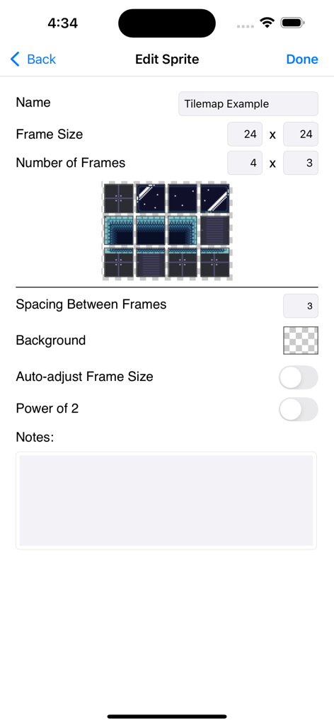 Sprite Something 앱의 스프라이트 편집 설정 화면으로, 타일맵 설정과 프레임 크기 옵션이 보임