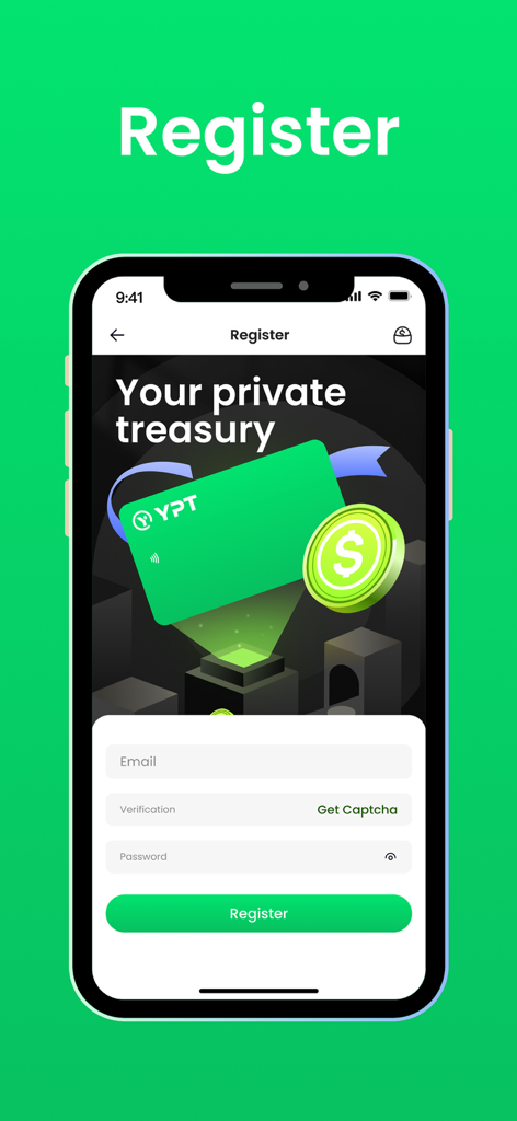 YPT: Crypto Card & Pay - Registration page for the YPT app showing email and password fields with a green crypto card illustration.
