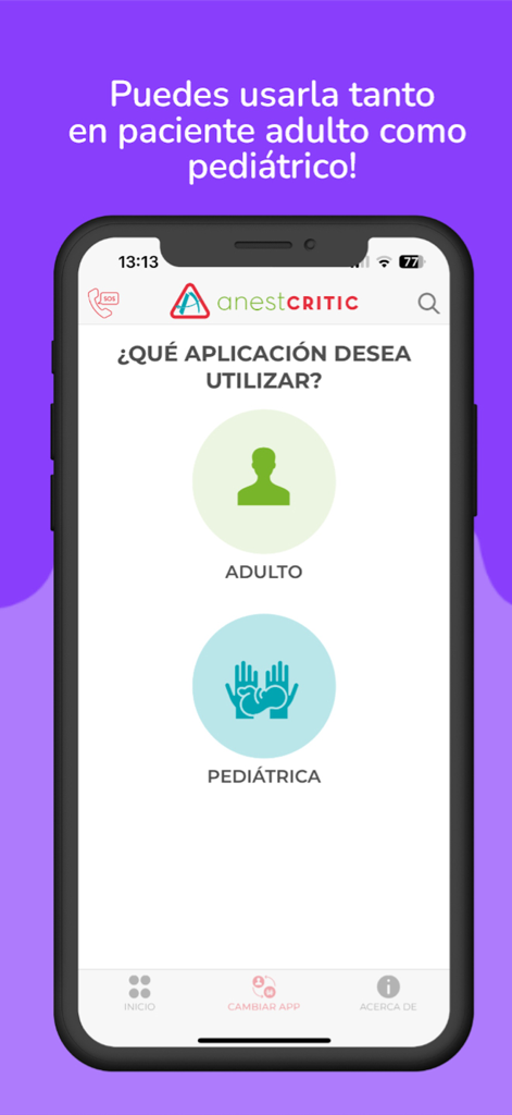 Interface of the AnestCRITIC app showing selection buttons for adult and pediatric anesthesia crisis protocols