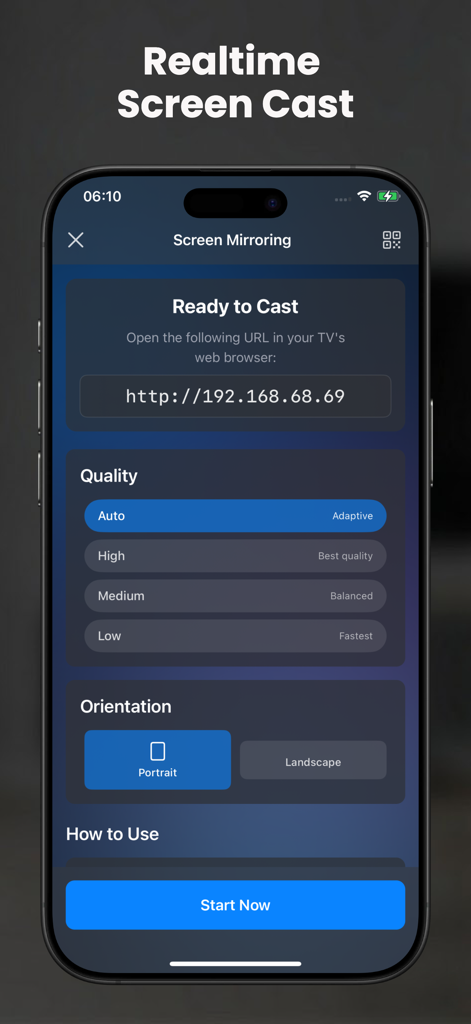 Screen mirroring setup screen with quality and orientation options