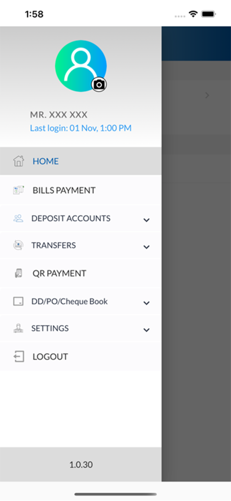 MCB Sri Lanka Mobile Banking - MCBスリランカ モバイルバンキングアプリのサイドナビゲーションメニュー（バンキング機能を表示）