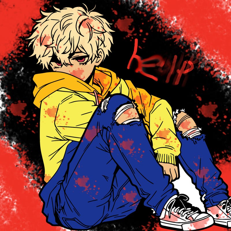 a male hoddie ripped jeans messy hair anime