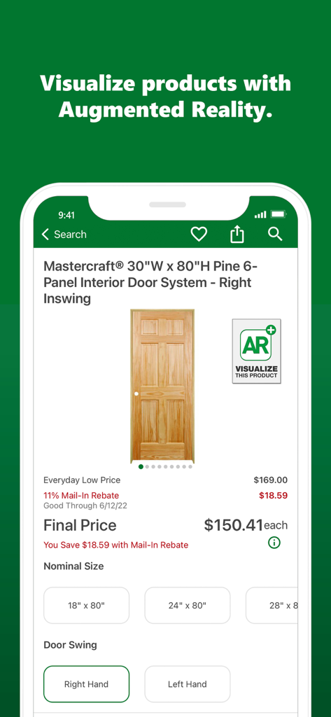Menards® - Menards mobile app product page for an interior door with an augmented reality visualization option.