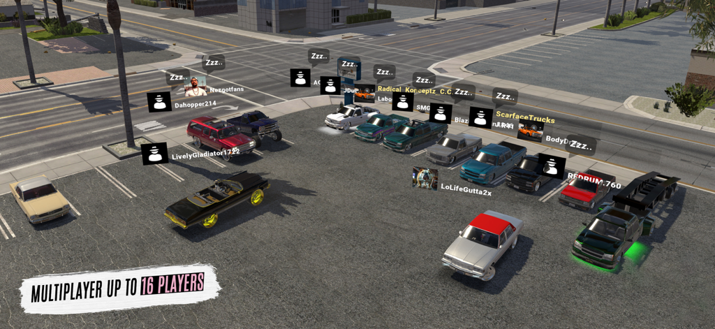 Um grupo de lowriders e caminhões personalizados reunidos em um estacionamento durante uma sessão multiplayer online.
