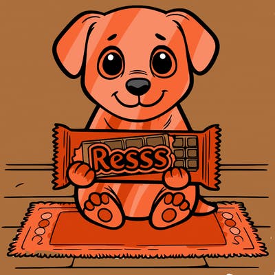 a dog holding a bar of reses chocolate sitting on a carpet