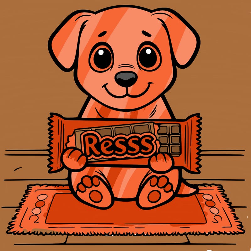 a dog holding a bar of reses chocolate sitting on a carpet