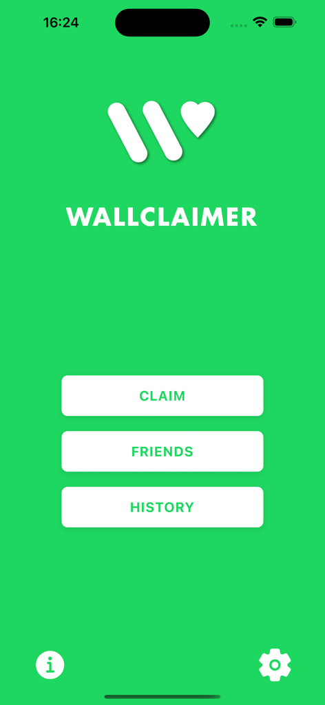 Main menu of the WallClaimer app on a green background featuring Claim Friends and History buttons