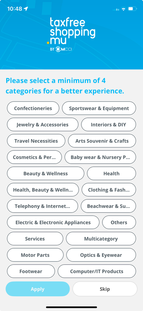 MCCI Tax Free Shopping - Mobile app screen showing a list of shopping categories to select for a personalized experience.