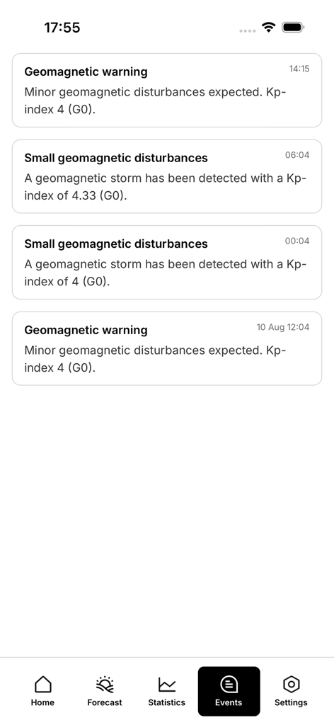 Meteoweser - geomagnetic storm - A list of geomagnetic storm notifications and Kp index warnings within the Meteoweser app events tab