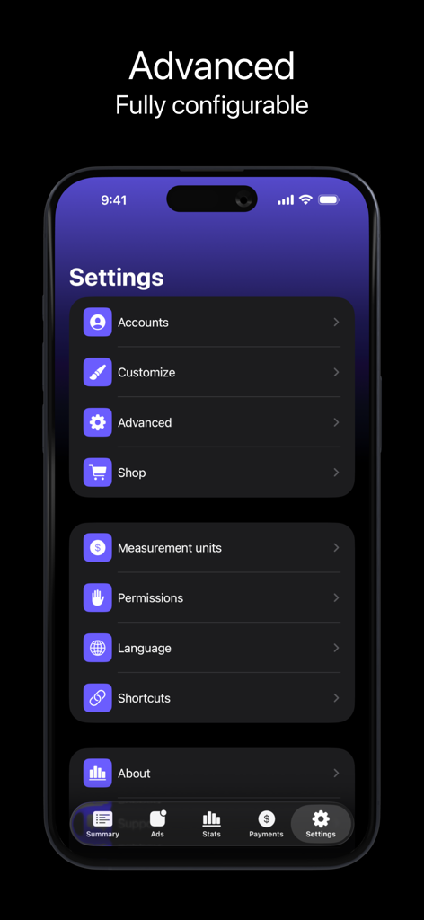 AdMate 앱의 설정 화면으로 다양한 구성 옵션을 표시합니다.