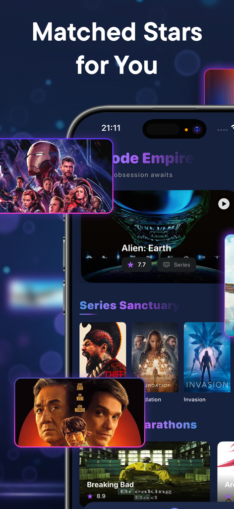 Gamebox: Movies,Tv & Actors - Gamebox app interface displaying movie and series recommendations including Breaking Bad and Alien Earth