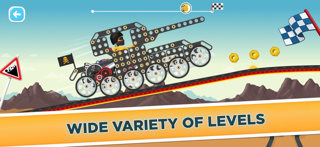 Racing Car Game for Kids 3 - 6 - Um carro de metal personalizado dirigindo em uma pista através de montanhas em um jogo de corrida infantil com o texto ampla variedade de níveis