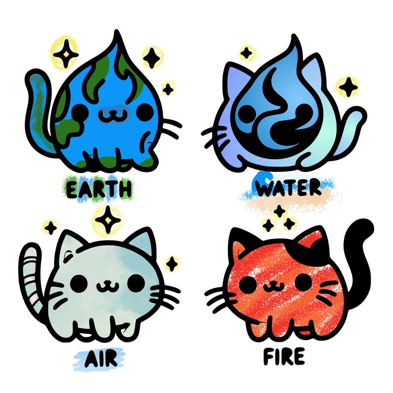 4 cats that represent the different elements, earth, water, air, and fire