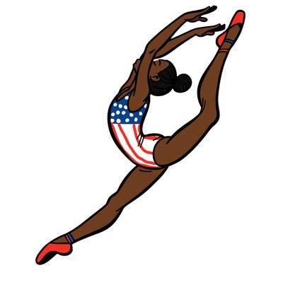 gymnast doing a leap in a leotard with a bent back leg