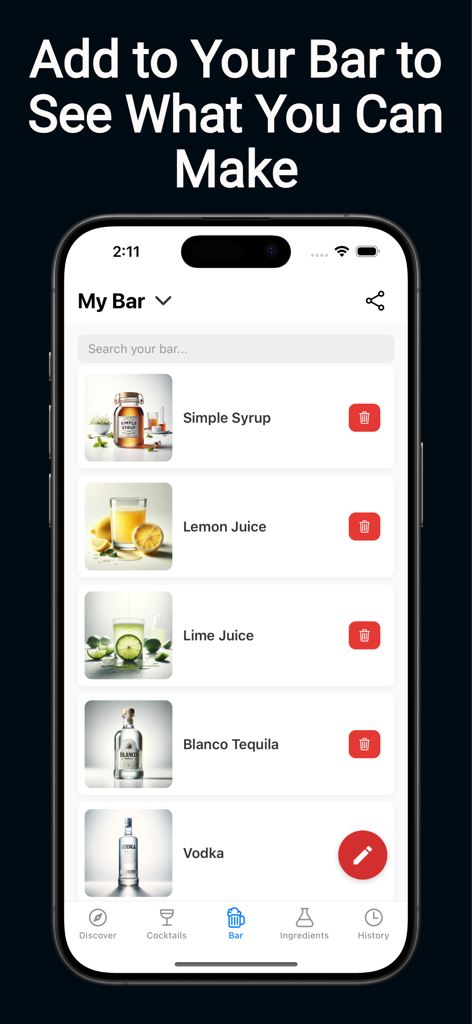 BarBot app interface showing a list of home bar ingredients like tequila and vodka