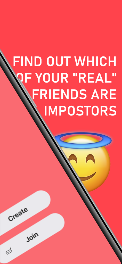 Pandoras - Écran de l'application Pandoras avec un texte demandant de trouver quels amis sont des imposteurs, avec des boutons pour créer ou rejoindre une partie.