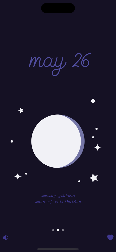Luna app screen showing the waning gibbous moon for May 26 in a minimalist starry design