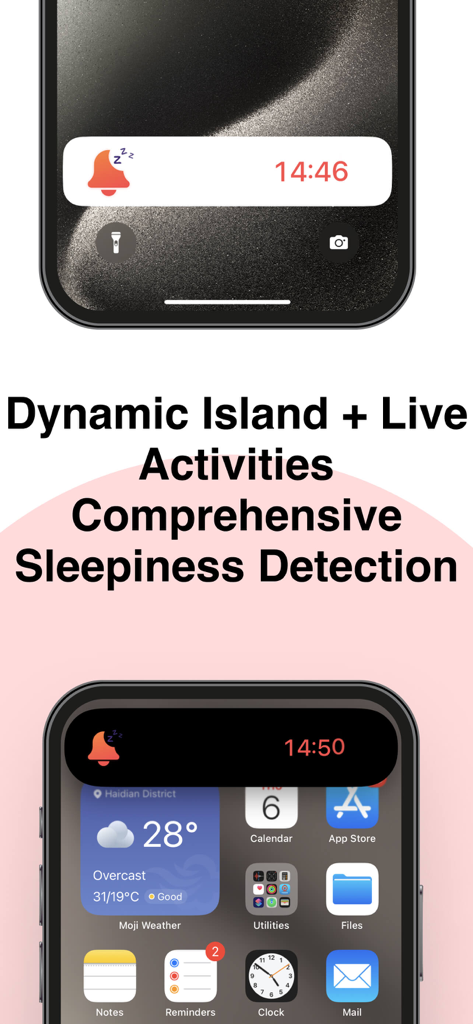 Fatigue Alert app showing Dynamic Island and Live Activities for sleepiness detection on an iPhone