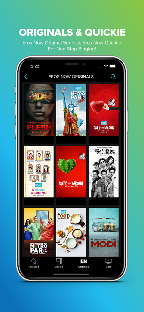 Interface of the Eros Now app showing a selection of original series and quickies posters.