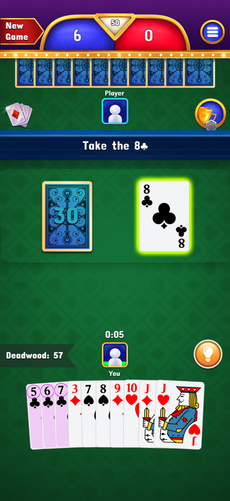 Gin Rummy - Classic Cards Game - Jugabilidad del juego de cartas Gin Rummy que muestra una mano de cartas y una mesa verde