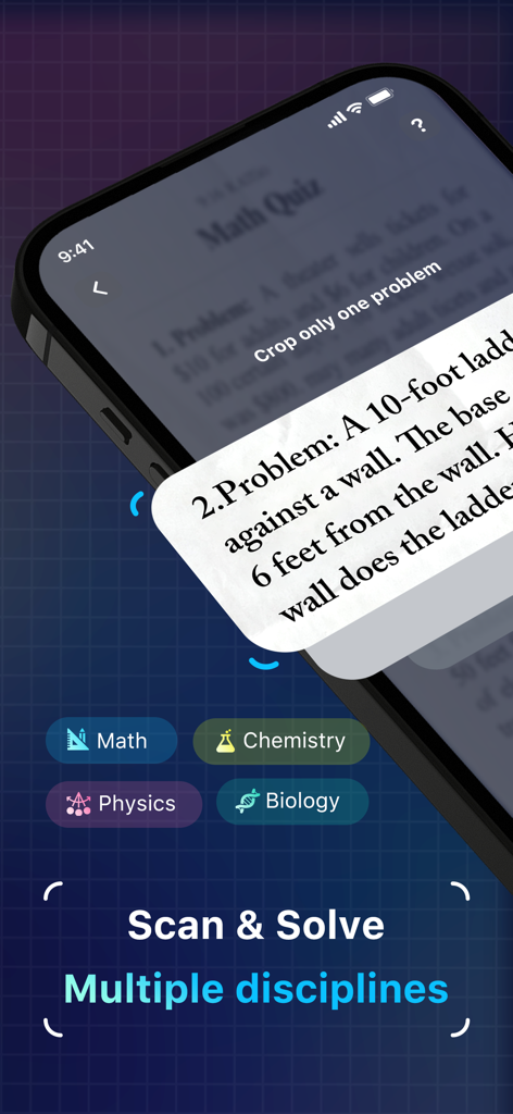 MathHub AI: Intelligent Tutor - Captura de pantalla de la aplicación MathHub AI que muestra la interfaz del solucionador de fotos para escanear y resolver problemas de matemáticas, física, química y biología.