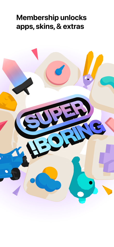 (Not Boring) Habits - Not Boring Habits app screen showing Super Boring membership benefits and skins.