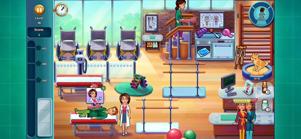 Heart's Medicine: Time to Heal - Escena de juego de Hearts Medicine Time to Heal que muestra a la Dra. Allison Heart en una sala de fisioterapia del hospital con pacientes.