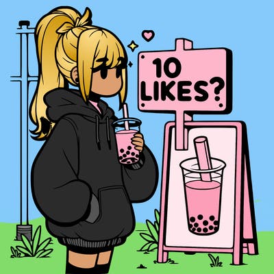 girl with oversized hoodie drinking boba and she has a high ponytail with a sign that says 10likes?