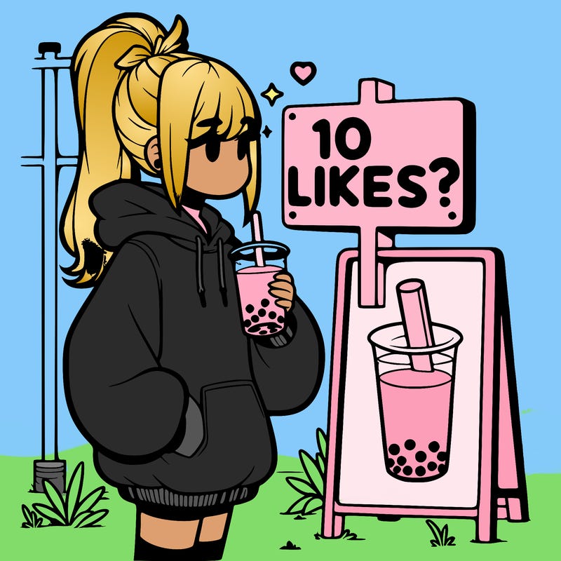 girl with oversized hoodie drinking boba and she has a high ponytail with a sign that says 10likes?
