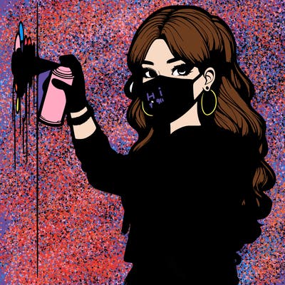 realistic girl with mask spray painting a wall