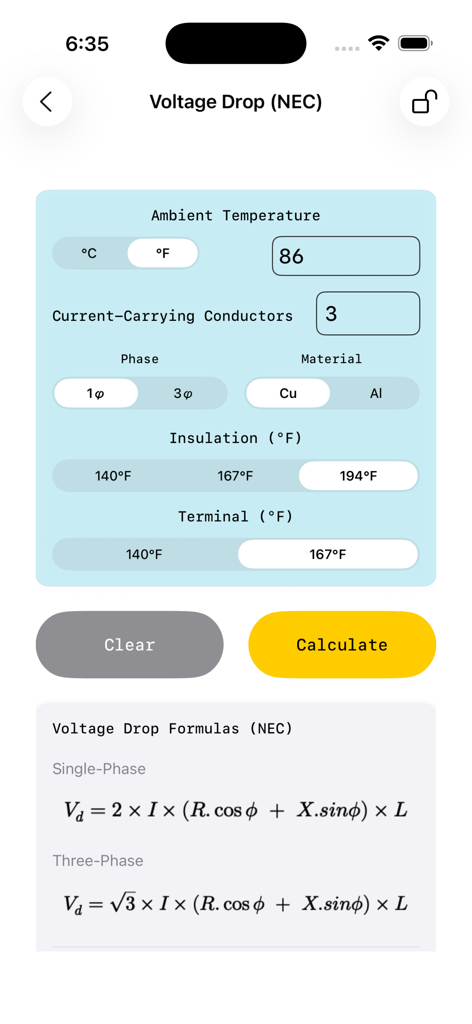 Voltage Drop Calculator. - Voltage drop calculator mobile app screen showing NEC input fields and electrical formulas.