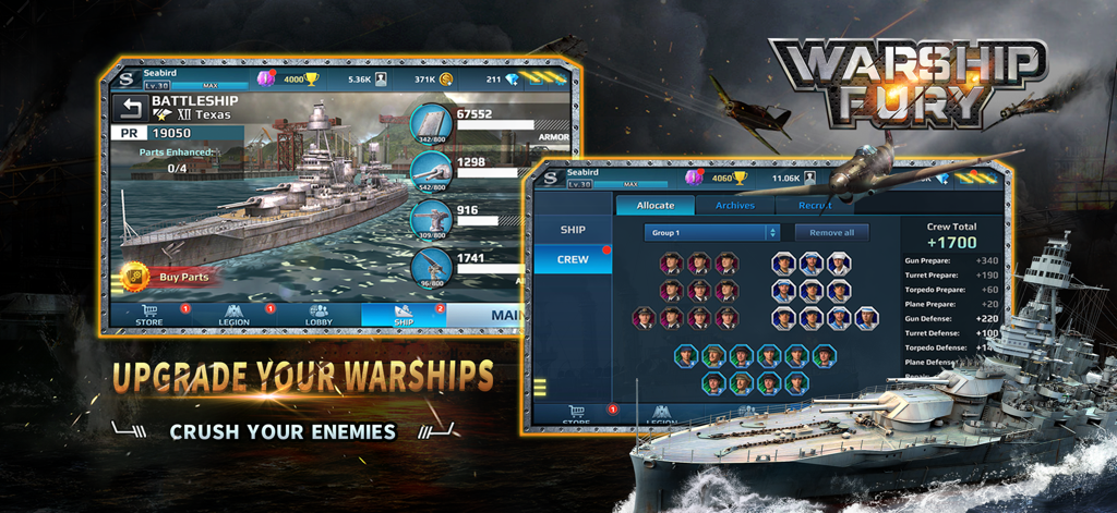 Warship Fury - UI screens showing battleship upgrades and crew management in Warship Fury