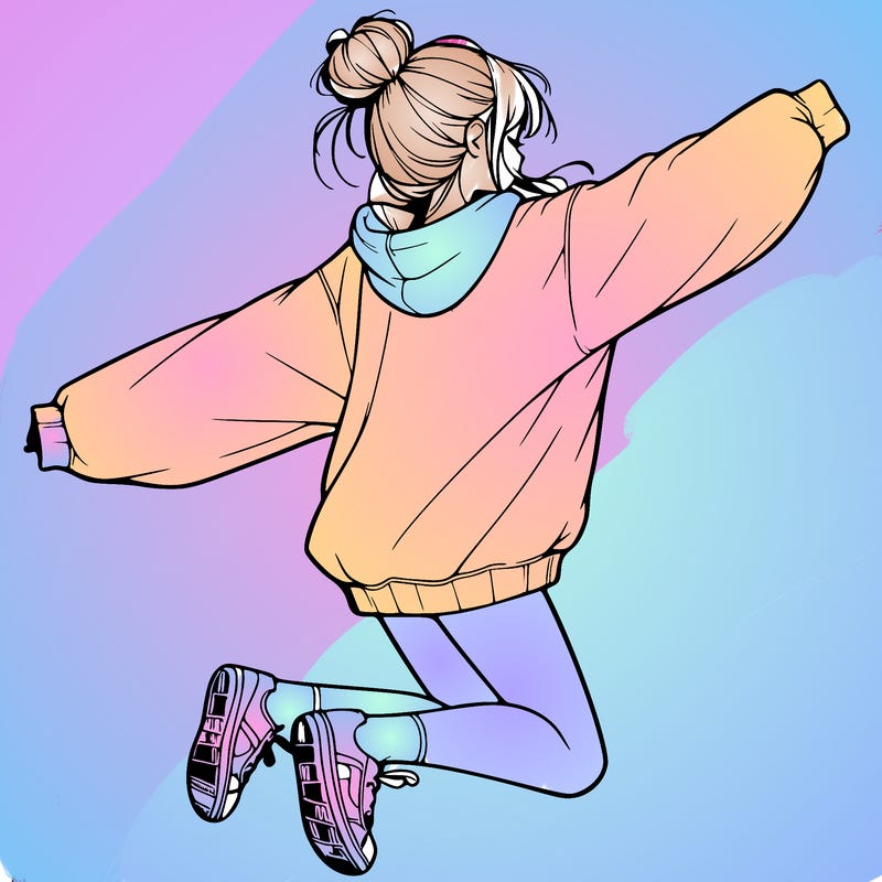 realistic girl jumping with a bun and oversized sweatshirt