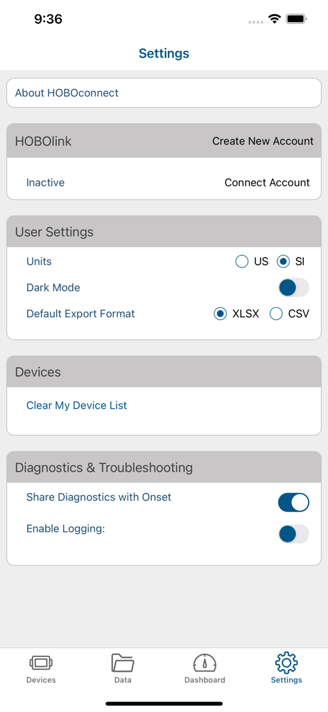 Einstellungsmenü der HOBOconnect App mit Benutzereinstellungen für Einheiten, Dark Mode und Exportformate