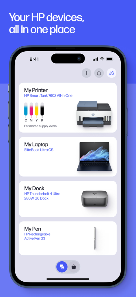 Mobile screen showing the HP app dashboard with managed devices including a printer, laptop, and dock.
