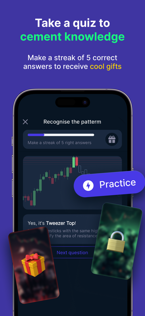 Candlestick Patterns T-Cake - A mobile interface for a candlestick pattern recognition quiz with a progress bar and gift rewards.