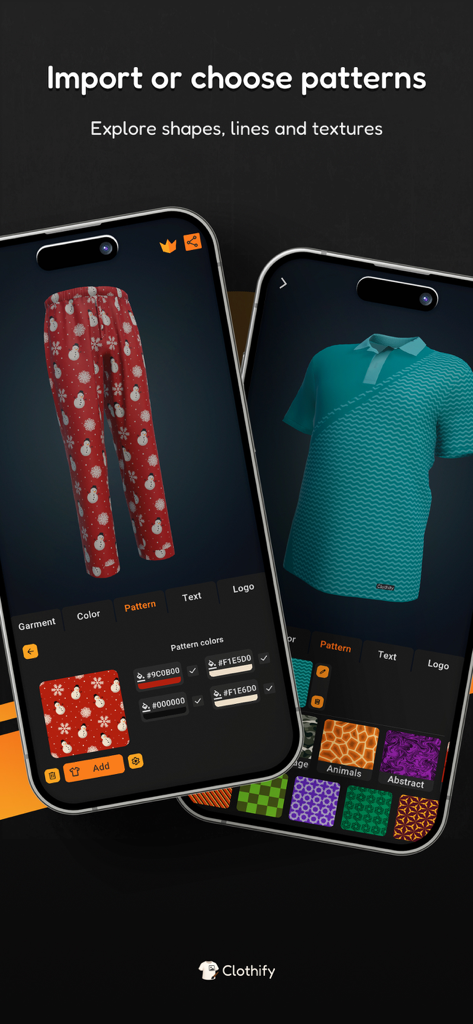Clothify - Diseña ropa en 3D - Interfaz de la aplicación Clothify mostrando el diseño de ropa 3D con patrones y colores personalizados