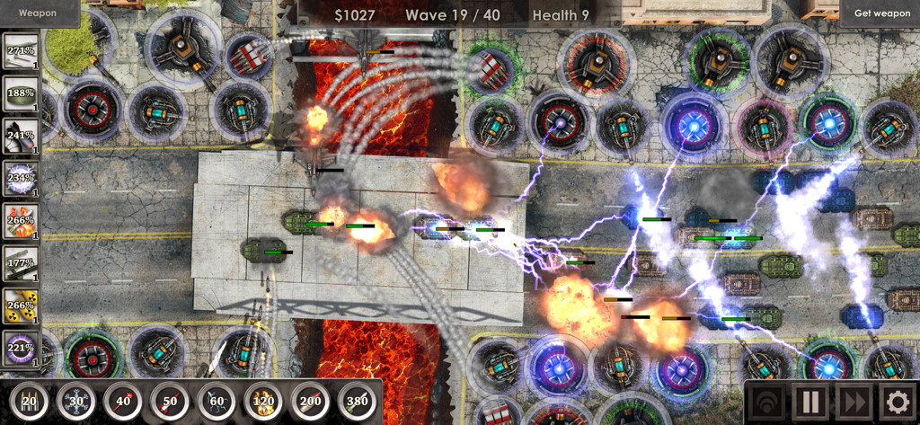 Defense Zone 3 HD - A tactical battlefield in Defense Zone 3 HD with multiple turrets firing at enemy tanks.