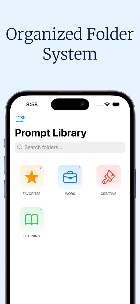 仕事やクリエイティブなどのカテゴリで、AIプロンプトの整理されたフォルダシステムを表示するPromptyアプリのインターフェース