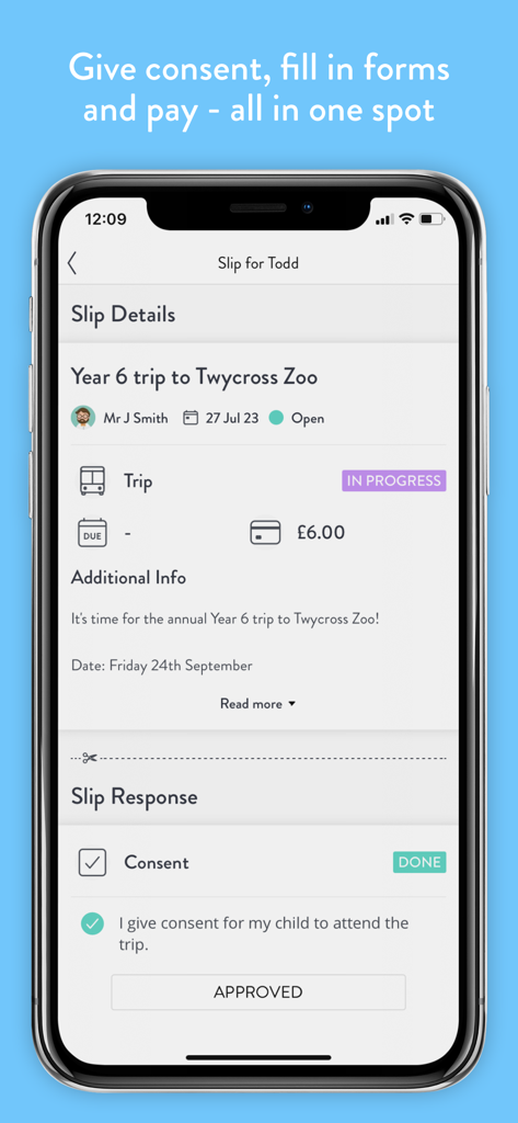 Parent Hub - A mobile app interface showing a digital consent and payment form for a school field trip.