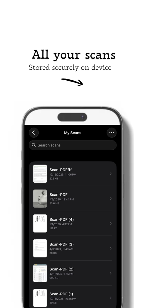 PDF Scanner & OCR - iPhone-Bildschirm, der eine Liste gescannter PDF-Dokumente anzeigt, die sicher auf dem Gerät gespeichert sind