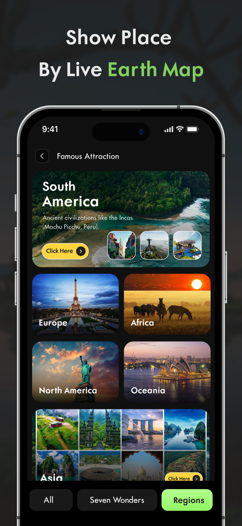 Interfaz de la aplicación Street View Maps Live Earth 3D que muestra atracciones famosas en diferentes continentes.