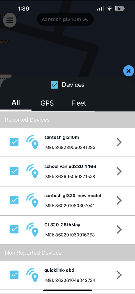 Device management screen in Amcrest GPS Pro showing a list of tracked vehicles and GPS devices.